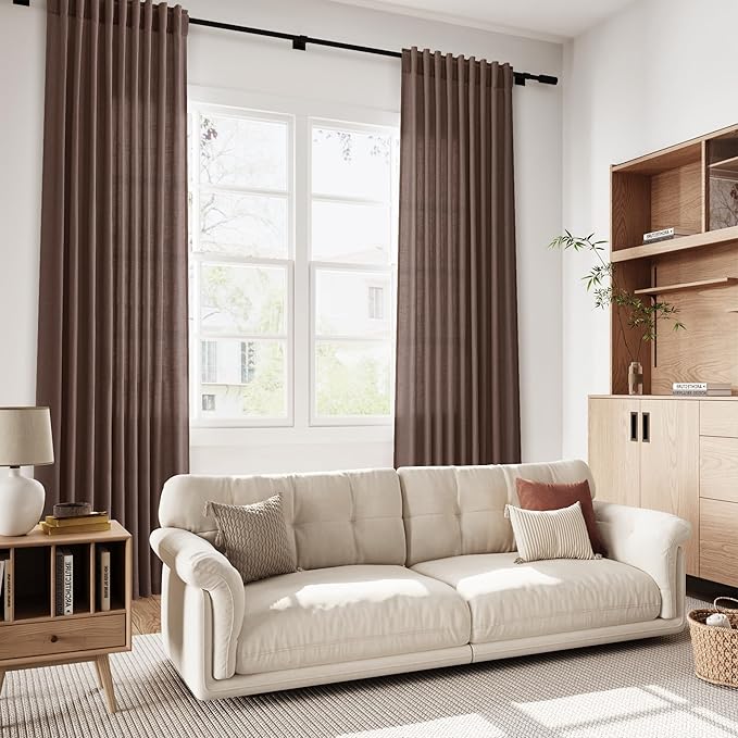 Nanspring Cappuccino Linen Curtains 84 Inch Length 2 Panels Set for Living Room Back Tab Light Filtering Semi Sheer Curtain for Bedroom Simple Style Drapes, 52x84 inch, 2 Panels