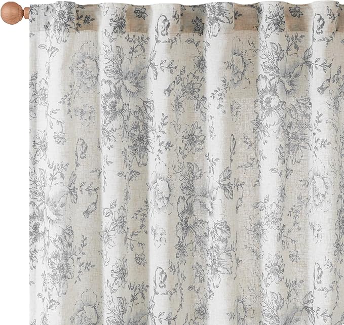 jinchan Linen Blend Curtain Floral Curtains for Living Room 90 Inch Length Grey Printed Curtain Rod Pocket Back Tab Farmhouse Peony Flower Patterned Drapes Bedroom Window Curtains Set 2 Panels