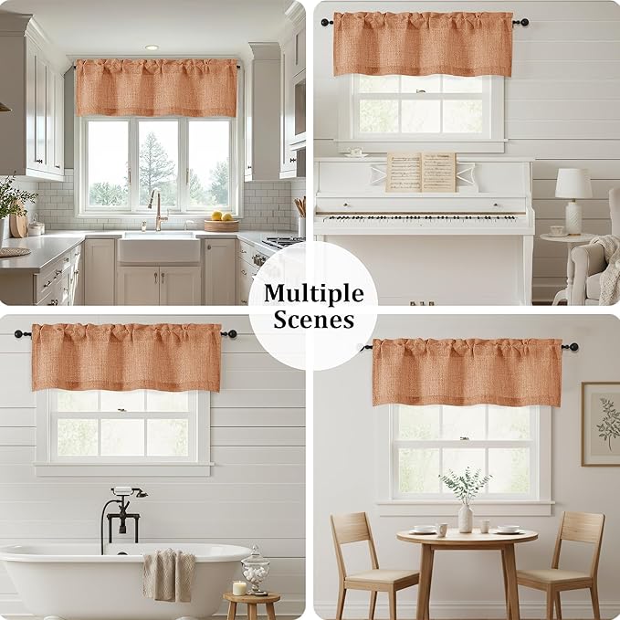 OWENIE Orange Valances for Windows 1 Pcs, Light Filtering Textured Farmhouse Short Small Valance Curtains for Bathroom Basement Living Room Bedroom, Rod Pocket Half Curtains Over Sink, 52Wx14L Inch