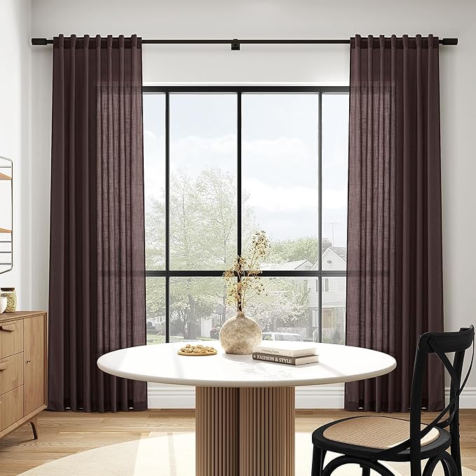 Extra Long Curtains 102 Inches Long for Bedroom Living Room Coffee Brown Back Tab Rod Pocket Light Filtering Semi Sheer Drapes Cotton Linen Textured 102 Inch Length for Dinning Room,2 Panels