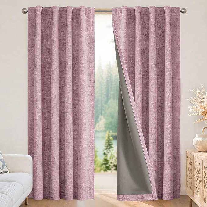 Joydeco Blackout Curtains for Bedroom - 100% Light Blocking 2 Panels Set Pink Drapes 42" W x 90" L, Thermal Insulated Room Darkening Curtains, Linen Textured for Living Room, Rod Pocket & Back Tabs