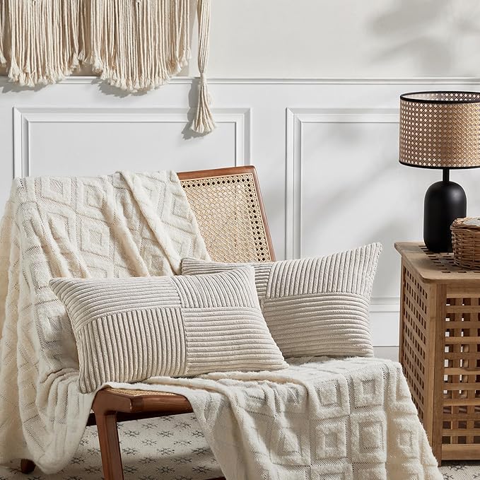 Fancy Homi 2 Packs Neutral Taupe Lumbar Decorative Throw Pillow Covers 16x28 Inch for Living Room Couch Bed Sofa, Farmhouse Home Decor, Soft Striped Corduroy Rectangle Accent Cushion Case 40x70 cm