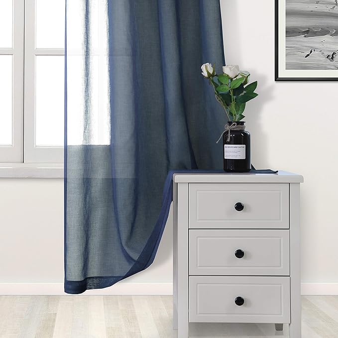 DWCN Navy Blue Sheer Curtains Semi Transparent Voile Rod Pocket Curtains for Bedroom and Living Room, 52 x 63 inches Long, Set of 2 Panels