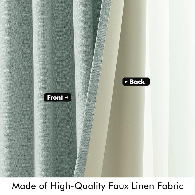 MIULEE 100% Blackout Linen Curtains for Bedroom, Seafoam Green Solid Luxury Decor Thermal Insulation Room Darkening Drapes for Living Room Nursery Back Tab Rod Pocket 42 x 72 Inches, 2 Panels