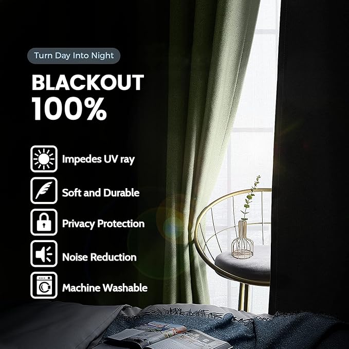 SimpleHome 100% Blackout Curtains for Bedroom,Thermal Insulated Sage Grommet Window Drapes Room Darkening Curtains for Living Room with Black Back,62 x 84 Inch,2 Panels