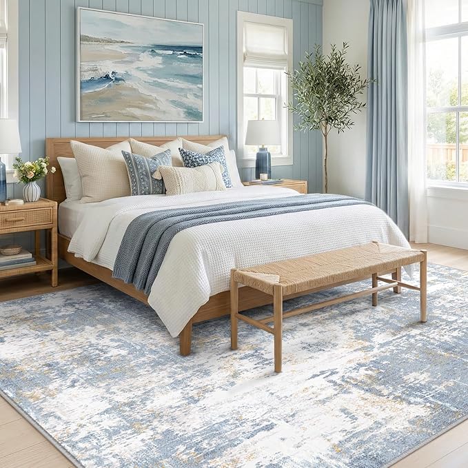 Washable Area Rugs 6'x9' Non-Slip Modern Abstract Soft for Living Room Entryway Bedroom Nursery, Print Pattern, Light Blue