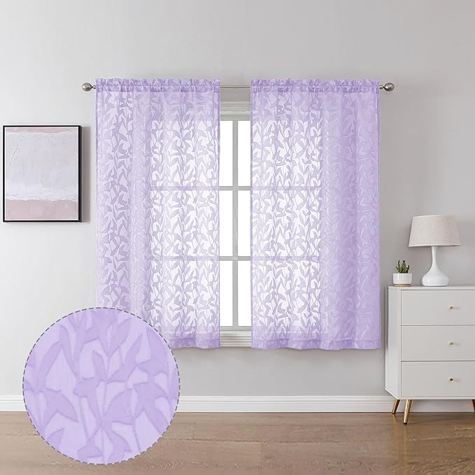 Lecloud Leia Light Purple Semi Sheer Curtains 45 Inch Length, Balance Light & Privacy Jacquard Textured Leaf Voile Curtains for Living Room, Dual Rod Pockets Bedroom Short Drapes, 38x45 Inches