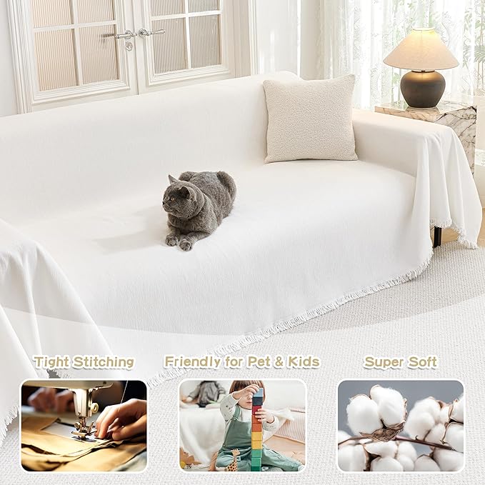 MYSKY HOME Sofa Covers for 2 Cushion Couch L Shaped Couch Cover Washable Couch Cover with Tassels Boho Couch Covers Non Slip Super Universal Soft Sofa Slipcover for Kids, Dogs, Pets, 71"x118", White