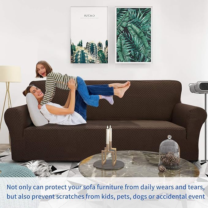 ZNSAYOTX 1 Piece Jacquard Couch Covers for 3 Cushion Couch Living Room High Stretch Sofa Cover Pets Dogs Friendly Anti Slip Thickened Slipcovers Furniture Protector (Sofa, Dark Coffee)