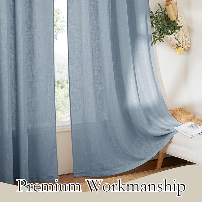 RYB HOME Blue Linen Sheer Curtains for Living Room Kids Room, Semi Transparent Elegant Flax Linen Texture Breathable Durability Decor 72 inch Length, W 52 x L 72 inches, Dusty Blue, 2 Panels