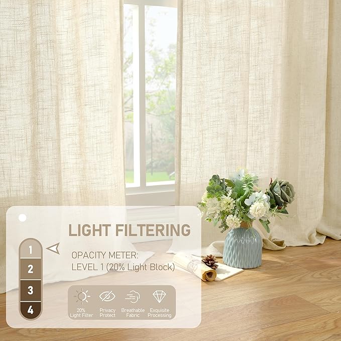LAMIT Beige Linen Kitchen Curtains 30 Inch Length, Semi Sheer Light Filtering Window Panels Back Tab and Rod Pocket Drapes for Basement/Small Windows, 25 x 30 Inch, 2 Panels