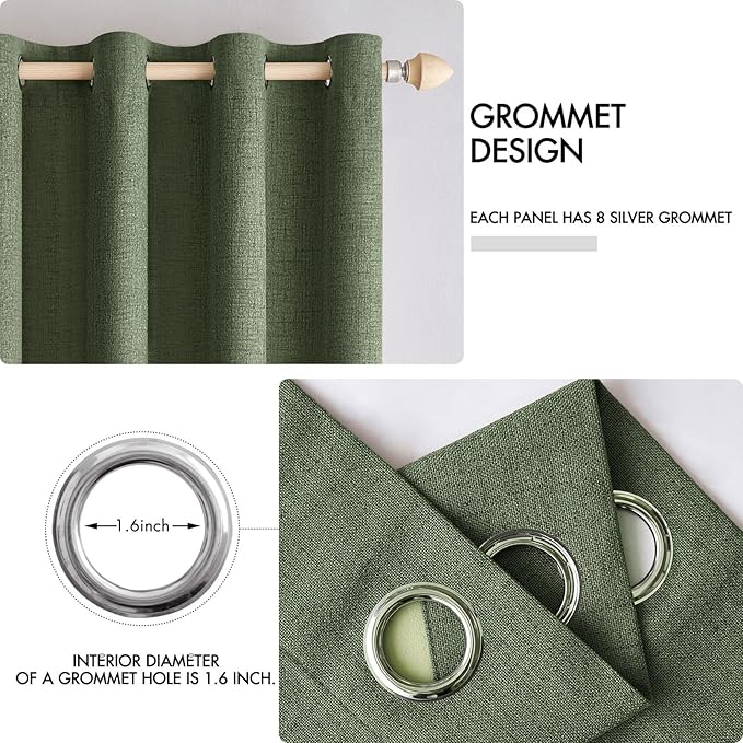 MIULEE 100% Blackout Linen Textured Curtains for Bedroom Solid Thermal Insulated Olive Green Grommet Room Darkening Curtains & Drapes Luxury Decor for Living Room Nursery 42 x 63 Inch (2 Panels)