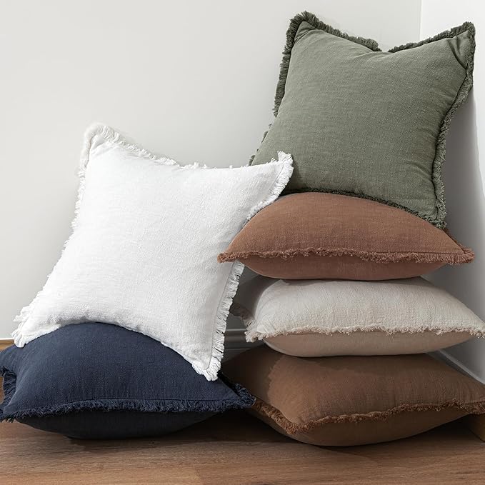 MIULEE Decorative Throw Pillow Covers Neutral Linen Fringe Throw Pillows Euro Shams Set of 2 Dark Coffee Boho Farmhouse Cushion Covers for Couch Sofa Bed Living Room Spring Home Decor 24x24 Inch