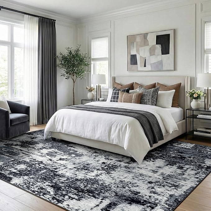 Washable Area Rugs 5'x7' Non-Slip Modern Abstract Soft for Living Room Entryway Bedroom Nursery, Print Pattern, Black Navy Blue Gray