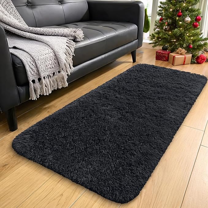 OLANLY 2x5 Machine Washable Runner Rugs for Hallway, Soft Fluffy Shaggy Bedside Rugs for Bedroom, Living Room, Indoor Floor Carpet for Kids Girls and Boys, Nursery Rooms, Home Decor Aesthetic, Black