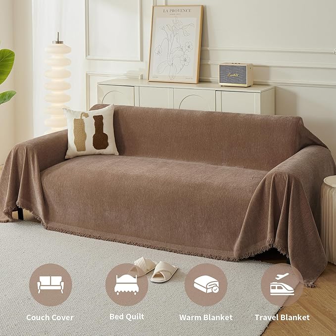 Couch Cover for Dogs, Boho Sofa Covers for 4 Cushion Couch, Chenille Sofa Slipcover for Pets Washable, L-Shape Sectional Couch Cover Soft Throw Blankets with Tassels(91x150,Coffee)