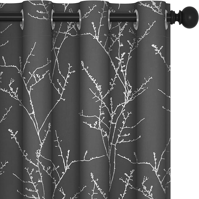 Deconovo Grey Blackout Curtains, Thermal Insulated Soundproof Drapes, Silver Branch Foil Print, 52 x 95 Inch, 2 Panels, Machine‑Washable Privacy Window Panel for Living Room Bedroom Nursery Office