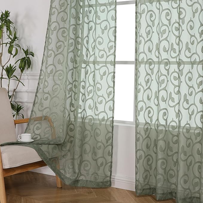 OWENIE Furman Extra Long Sheer Sage Green Curtains 96 inches Long for Bedroom Living Room 2 Panels Set, Light Filtering Soft Semi Sheer Jacquard Clip Farmhouse Curtains Rod Pocket Design, 52Wx96L inch