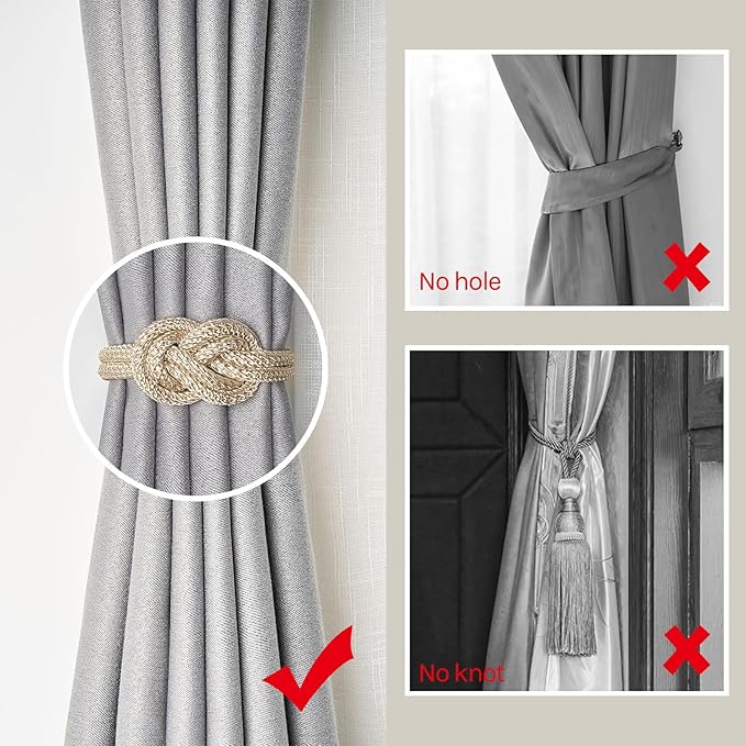 NICEEC 4 Pack Mini Magnetic Curtain Tiebacks Nordic Simple Style Drape Tie Backs Elegant Hand Weave Rope Knot Decorative Curtain Holdbacks for Home & Office Thin Window Drapery (Beige)