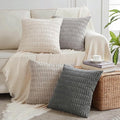 Fancy Homi Set of 4 Grey and White Decorative Throw Pillow Covers 18x18 Inch for Couch Bed Chair, Modern Farmhouse Boho Room Decor, Soft Fuzzy Double Sided Corduroy Textured Striped Cushion Case 45cm