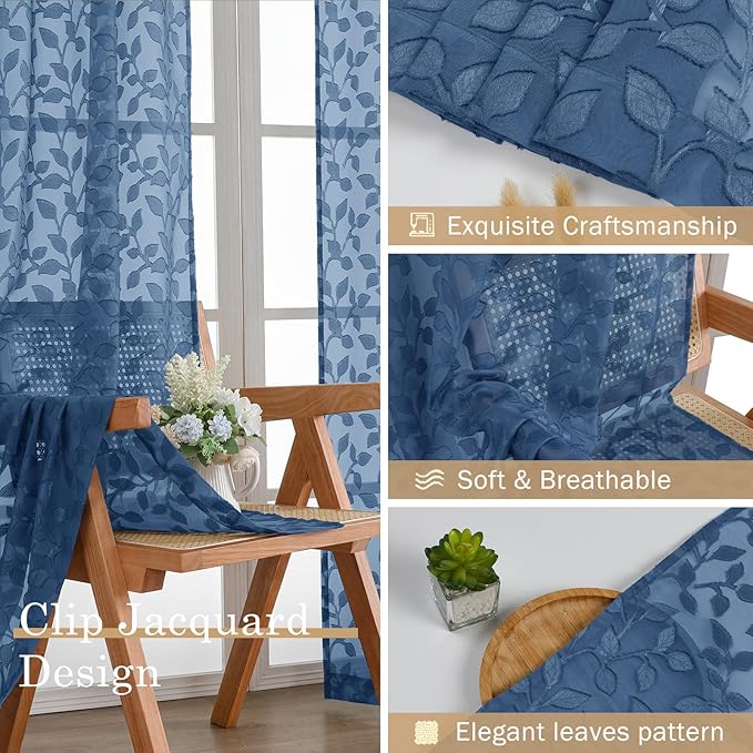 Chyhomenyc Dusty Blue Sheer Curtains 54 Inch Length for Living Room 2 Panels Set, Light Filtering Tufted Textured Soft Airy Rod Pocket Leaf Window Treatment Drapes for Bedroom, 42" Wx54 L, 2PCS