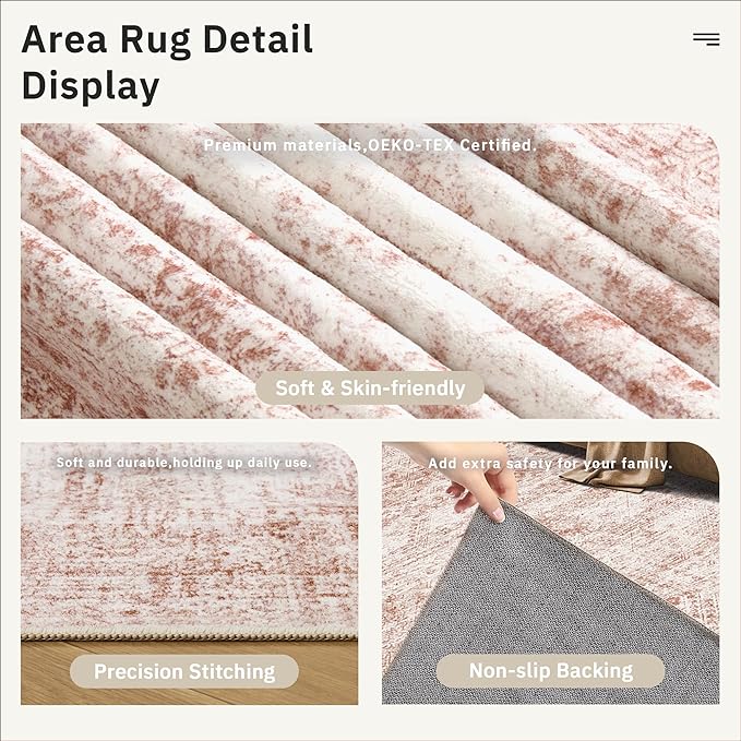 Washable Area Rug 8x10, Large Soft Rugs for Living Room Vintage Area Rugs for Bedroom Dining Room Non-Slip Stain Resistant Pink Under Table Rug