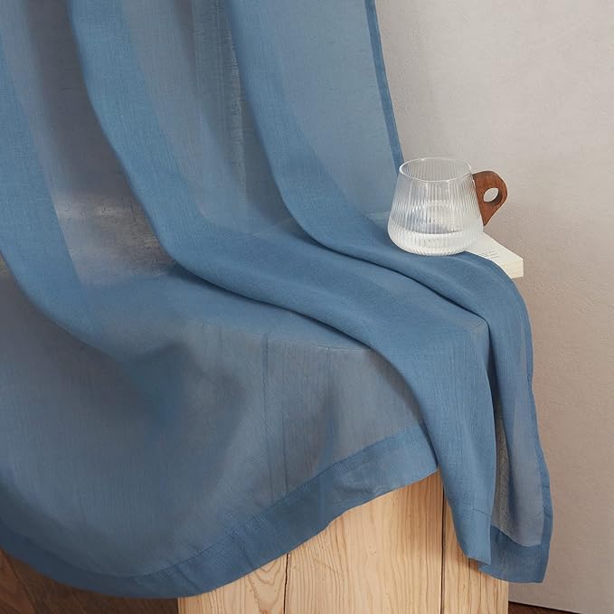NICETOWN Linen Sheer Stone Blue Curtains 108 inch Long for Living Room, Grommet Semi Sheer Linen Blend Curtains & Drapes Privacy with Light Filtering for Nursery/Laundry, W52 x L108, 2 Panels