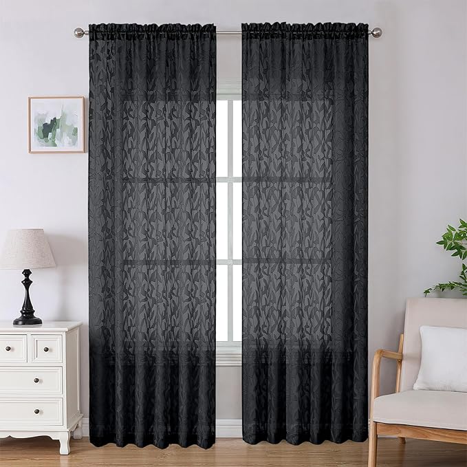 Lecloud Leia Black Sheer Curtains 96 Inches Long 2 Panels, Airy Leaf Jacquard Textured Curtain Panels, Light Filtering & Privacy Curtains for Living Room Bedroom Big Windows, 52" W x 96" L