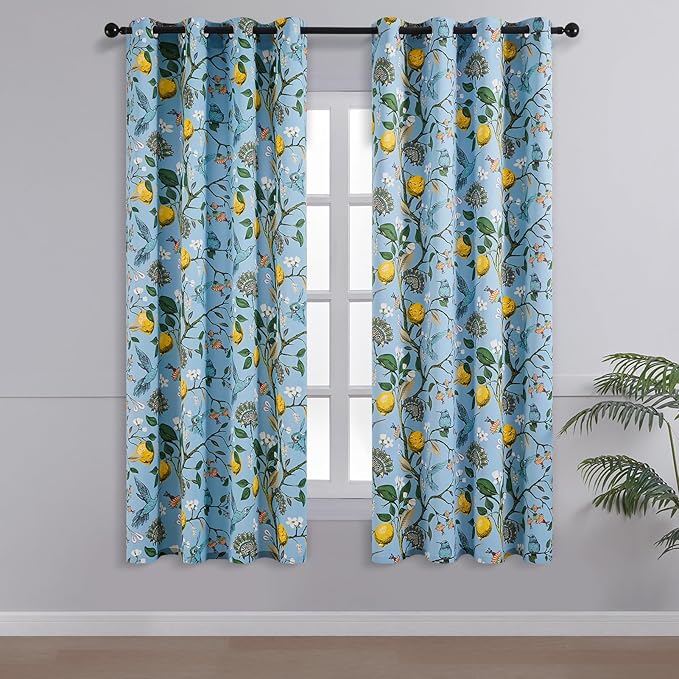 Topfinel Blue and Gold Unique Blackout Curtains 63 Inches Long 2 Panels, Floral Hummingbird Lemon Printed Colorful Energy Efficient Antique Noise Grommet Drapery Treatment for Window Nursery Classroom