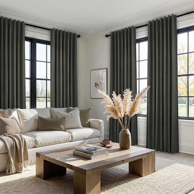 102 Inch Long Charcoal Gray Blackout Curtains for Bedroom 2 Panels Set Modern Natural Linen Back Tab Pleated Floor to Ceiling Thermal Drapes Hooks Rings 102 In Window Drapes 100% Black Out Linen