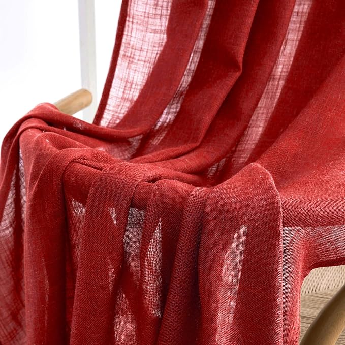 MIULEE Red Linen Curtains 90 Inch Long for Bedroom Living Room, Soft Thick Linen Textured Window Drapes Semi Sheer Light Filtering Rod Pocket Back Tab Christmas Burlap Look, 2 Panels