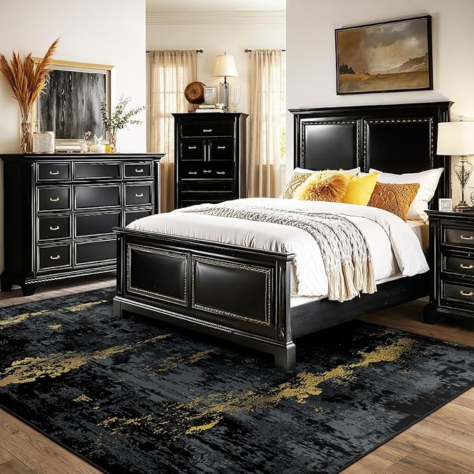 Washable Area Rugs 6'x9' Non-Slip Modern Abstract Soft for Living Room Entryway Bedroom Nursery, Print Pattern, Dark Black Gold