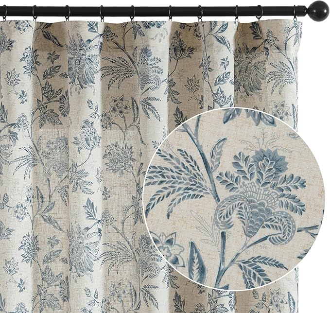 jinchan Linen Floral Curtains for Living Room with Printed Flower 90 Inches Long Light Filtering French Country Back Tab Rod Pocket Blue Window Curtain Set Farmhouse Drapes 2 Panels Blue