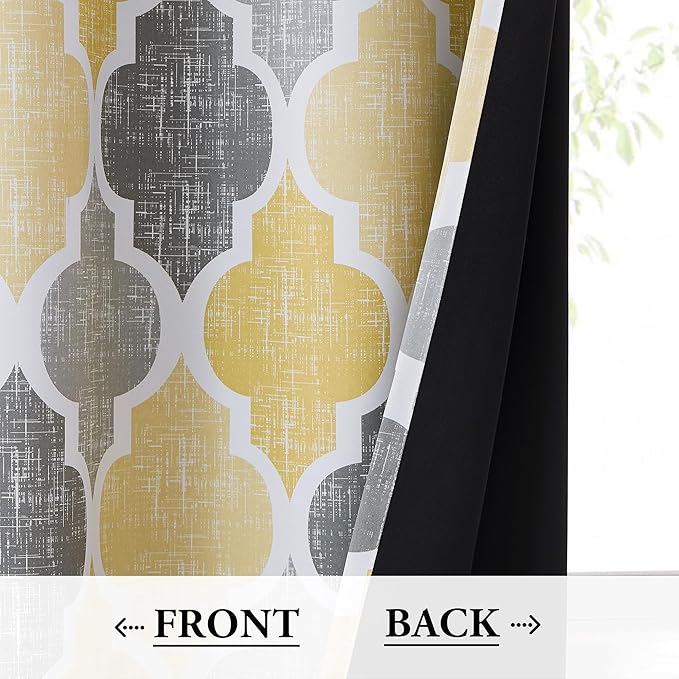 Beauoop 100% Blackout Curtains 90 Inches Long 2 Panels for Bedroom Living Room Yellow Grey Moroccan Geo Room Darkening Thermal Insulated Soundproof Grommet Top Window Treatments Drapes, 50x90 Set of 2