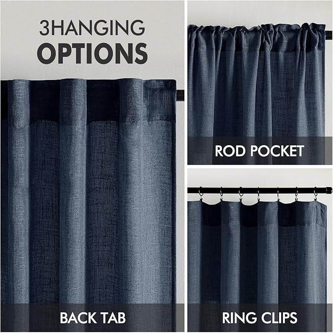 MIULEE Navy Blue Linen Curtains 63 Inch Length 2 Panels for Bedroom Living Room, Soft Thick Linen Textured Natural Kitchen Window Drapes Semi Sheer Light Filtering Back Tab Rod Pocket Burlap Look