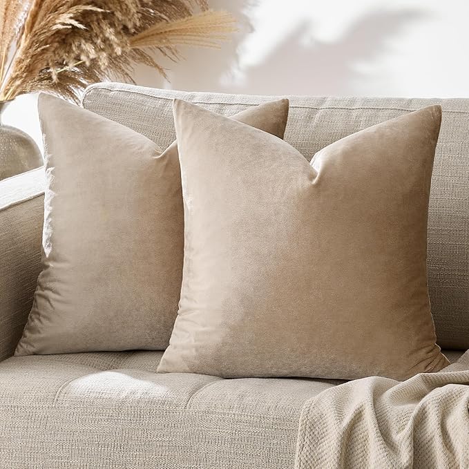 GIGIZAZA Decorative Throw Pillow Covers 26x26,Set of 2 Taupe Square Couch Pillow Covers,Velvet Sofa Boho Cushion Pillows