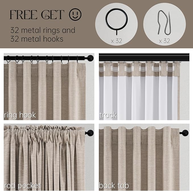 Extra Long Linen Blackout Curtains 132 Inches Long for Bedroom Farmhouse High Ceiling Mount Track Tall Curtain with Hooks Drapes for Sliding Glass Patio Doors 11ft 100% Black Out (W52 xL132 2Panels)