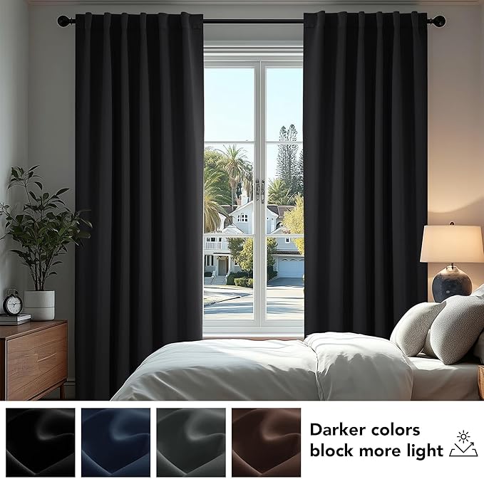 Deconovo Blackout Curtains, Thermal Insulated, W70 x L63 2 Panels, Back Tab, Machine Washable, Room-Darkening Drapes for Bedroom/Living Room Black