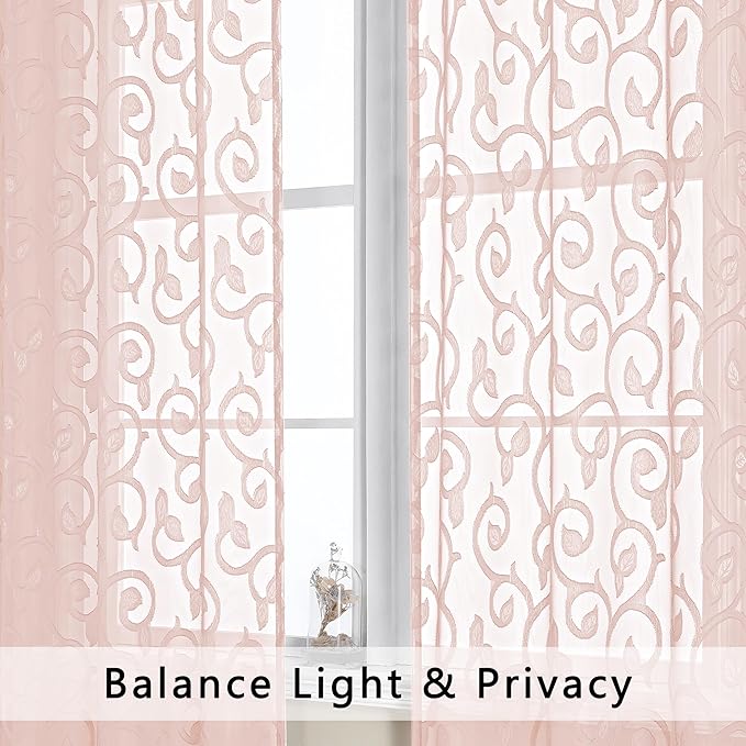 OWENIE Furman Cafe Curtains 30 Inch Length 2 Panels Set, Elegant Geometric Jacquard Short Sheer CurtainsTiers for Kitchen/Living Room/Bedroom Small Window 28" W x 30" L, Blush Pink