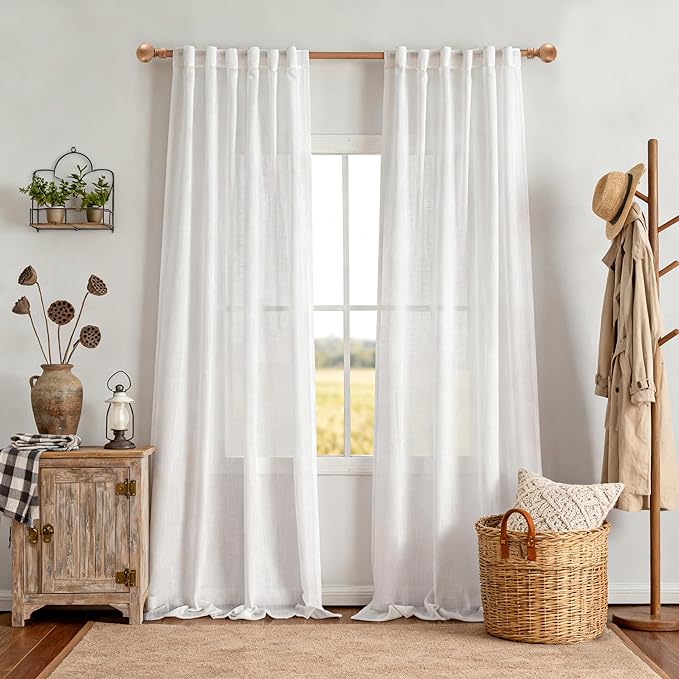 MYSKY HOME Floor to Ceiling Curtains 120 Inches White Sheer Window Drapes 2 Panel Sets, Soft Cotton Blend Light Filtering for Living Room Back Tab Draperies Linen Look Boho Fabric, 50" x 120"