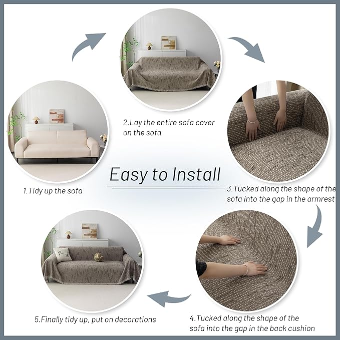 MYSKY HOME Boho Couch Cover Sand Sofa Covers with Tassel Farmhouse Sofa Slipcover Simple Couch Protector for Dogs Chenille Sectional Couch Covers L Shaped Couch Cushion Covers, 71"x 134"
