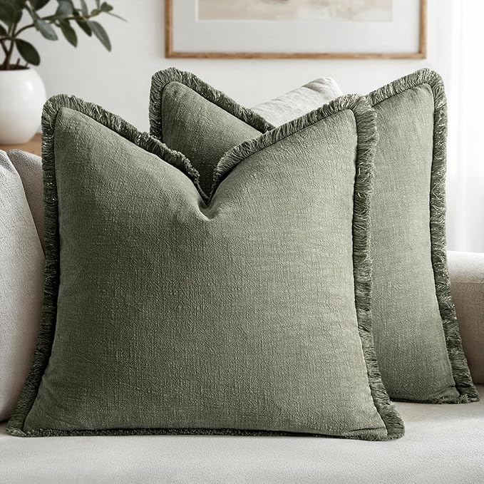MIULEE Decorative Throw Pillow Covers Neutral Linen Fringe Throw Pillows Set of 2 Light Olive Green Boho Farmhouse Cushion Covers for Couch Sofa Bed Living Room Spring Home Decor 20x20 Inch