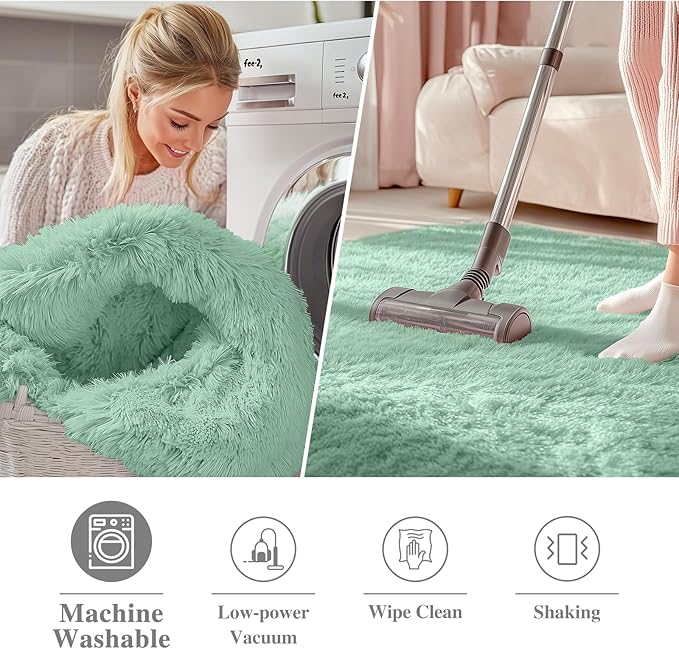 OLANLY Mint Green Round Rugs for Bedroom - Machine Washable, 3 ft Circle Area Rugs for Living Room, Soft and Fluffy Shaggy Carpet for Teen Girls and Boys, Nursery Rooms, Dorms, Home Decor Aesthetic
