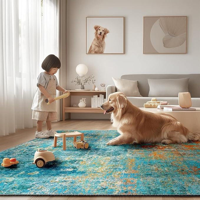 Washable Area Rugs 8ft Non-Slip Modern Abstract Soft for Living Room Entryway Bedroom Nursery, Print Pattern, Teal Blue Green Orange Rust Red Coloreful