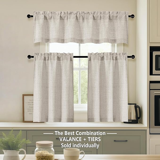 OVZME Valance for Windows, Light Filtering Faux Linen Textured Small Short Valance Kitchen Curtain, Dual Rod Pocket Top Short Window Curtain for Bathroom Basement Farmhouse, 60Wx14L Inch, Linen Color