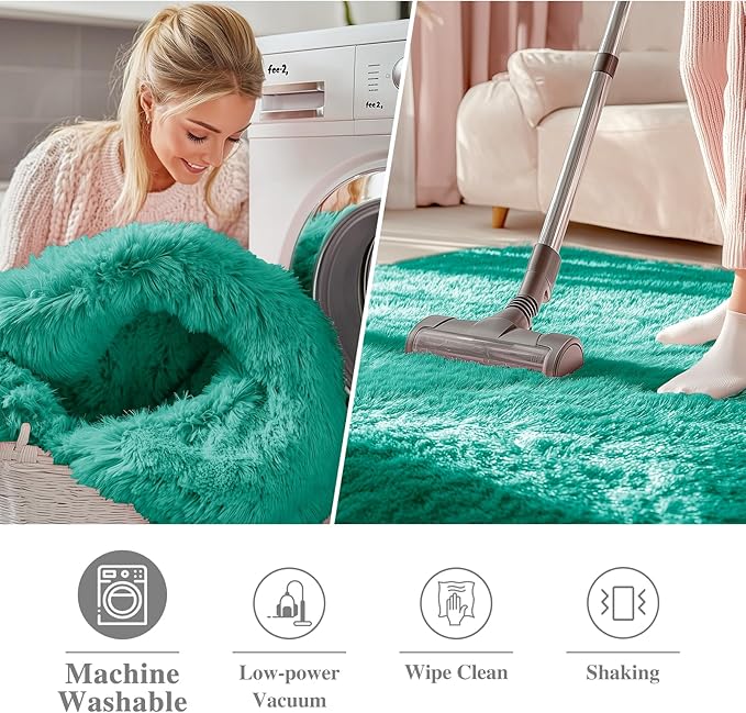 OLANLY Teal Green Round Rugs for Bedroom - Machine Washable, 2 ft Circle Area Rugs for Living Room, Soft and Fluffy Shaggy Carpet for Teen Girl and Boys, Nursery Rooms, Dorms, Home Decor Aesthetic