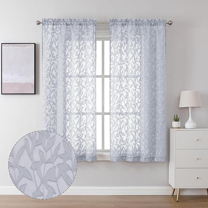 Lecloud Leia Light Grey Sheer Curtains 63 Inch Length 2 Panels, Jacquard Leaf Textured Light Filtering Voile Curtains with Dual Rod Pockets, Kitchen/Bedroom Window Drapes, 40 W x 63 L
