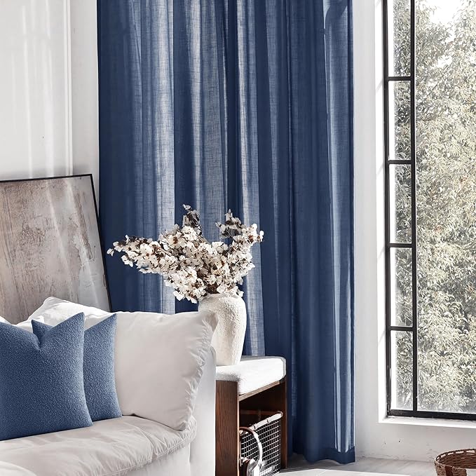 Navy Blue Curtains 120 inch Length for Bedroom Back Tab Light Filtering Semi Sheer Blue Living Room Curtains Linen Cotton Textured Indigo Blue Drapery Panel Modern Farmhouse Aesthetic Decor Dark Blue