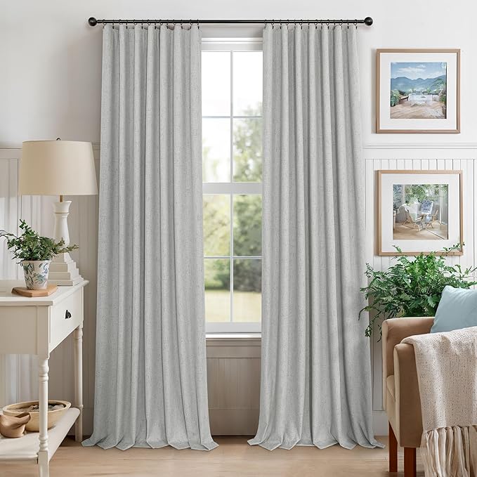 Pitalk Light Grey Blackout Curtain Panels 90 Inches Long for Bedroom 2 Panel Sets Rod Pocket Back Tab Room Darkening Linen Textured Dark Out Drapes for Living Room Thermal 52x90 in Length Dove Gray