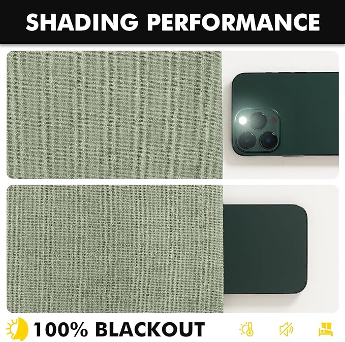 MIULEE 100% Blackout Linen Curtains for Bedroom, Sage Green Solid Luxury Decor Thermal Insulation Room Darkening Drapes for Living Room Nursery Back Tab Rod Pocket 42 x 84 Inches, 2 Panels